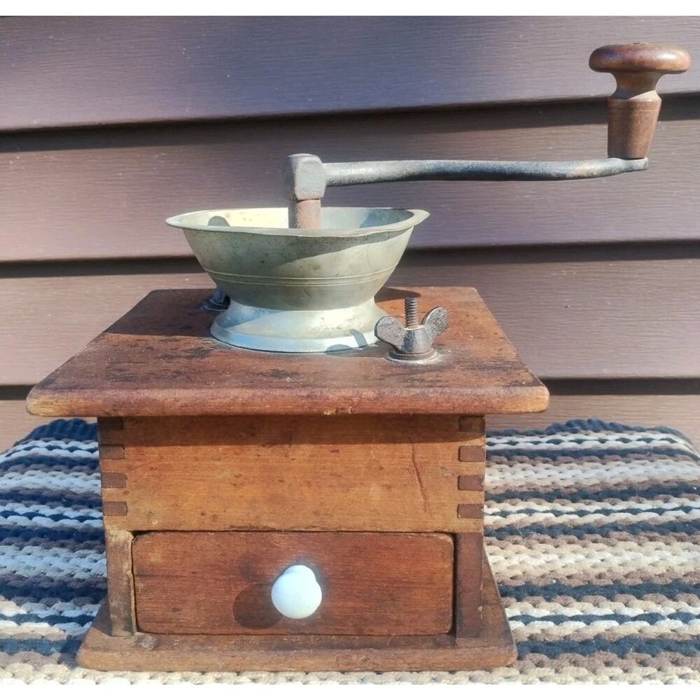 Antique Coffee Grinder Mill Cast Iron & Wood with Hand Crank & Drawer Vintage